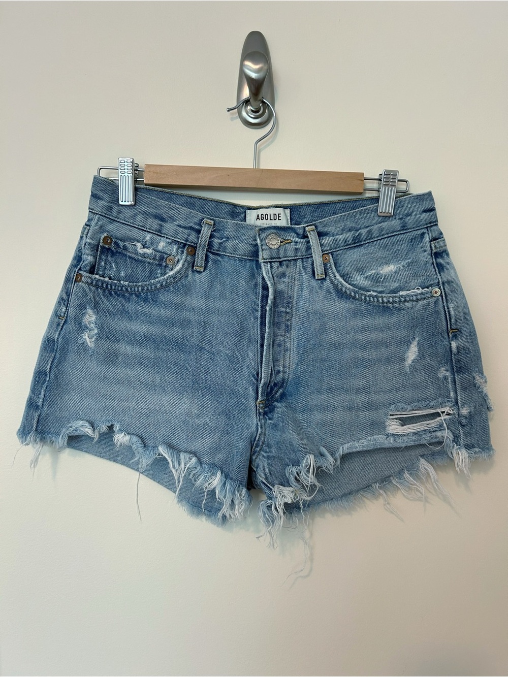 Agolde Parker Light Blue Distressed Denim Cutoff Shorts